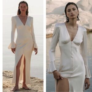 Shona Joy La Lune Frill Cuff Bias Long Sleeve Midi Dress in Cream White Size 4